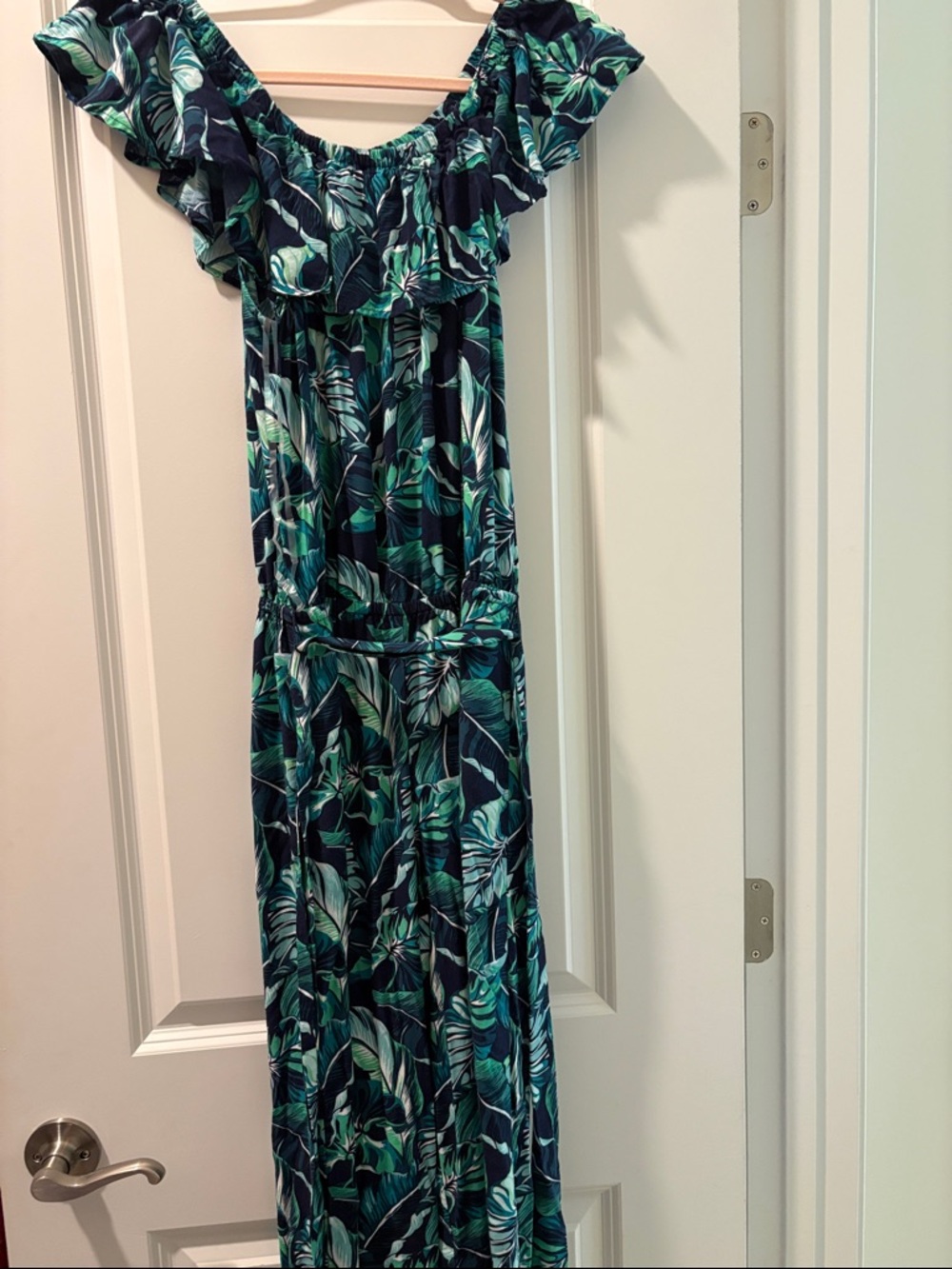 Tommy Bahama Navy & Teal Tropical Off-Shoulder Jumpsuit